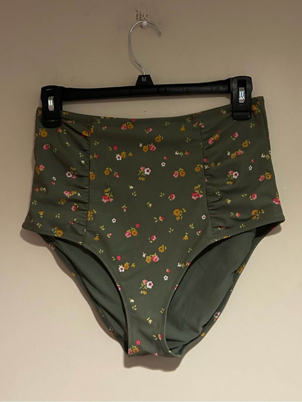 Aerie Olive Green Floral Print High Rise Bikini Bottoms Sz Lg